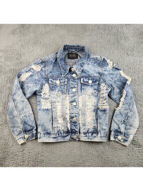 Women's Y2K Blue Jean Denim Jacket Acid Washed Shredded Junior's Large Grunge